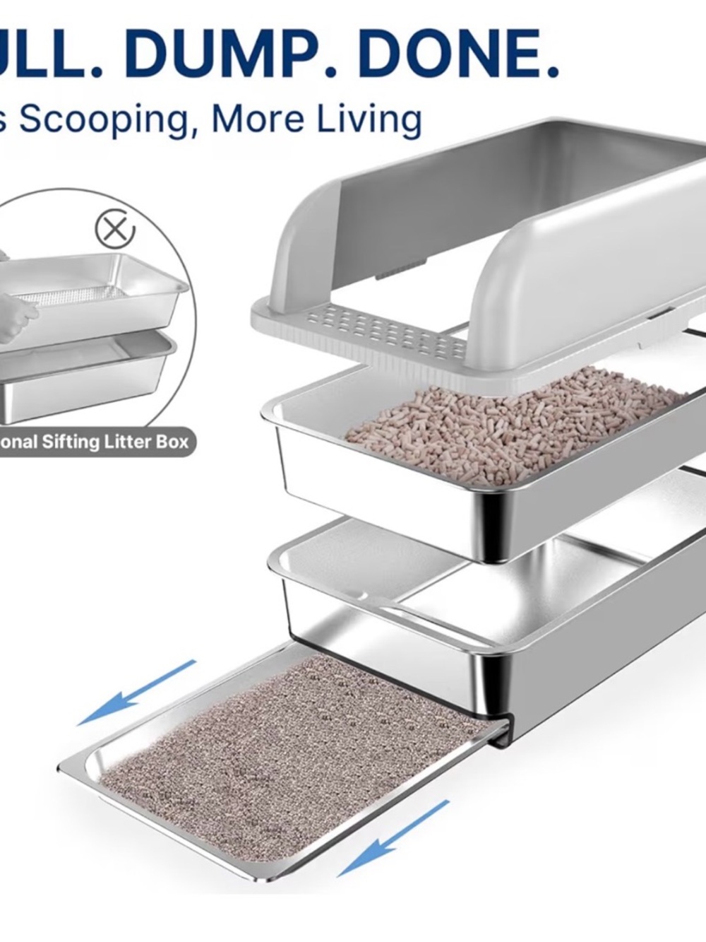 Stainless Steel Multi-Layer Sifting Cat Litter Box - Silver